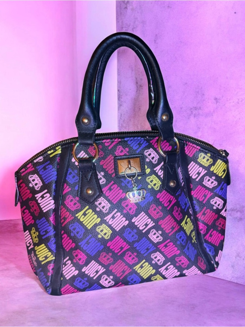 Juicy Couture Multicolor Logo Satchel with Black Trim and Gold Accent
